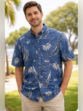Reyn Spooner Hawaiian Button Up Shirt Size XXL Tropical Nautical Cruisewear